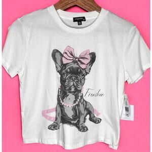 NWT Originality Frenchie Bows Graphic Crop Top Short Sleeve Ivory Women's XS